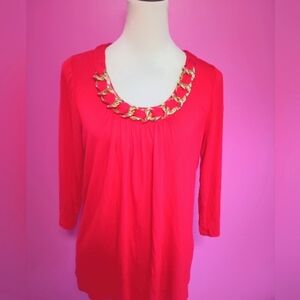 August Silk Red Stretch Blouse With Gold Chain Embellishment (Size Large)